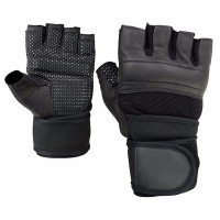 Black High Grip Leather Weight Lifting Gloves